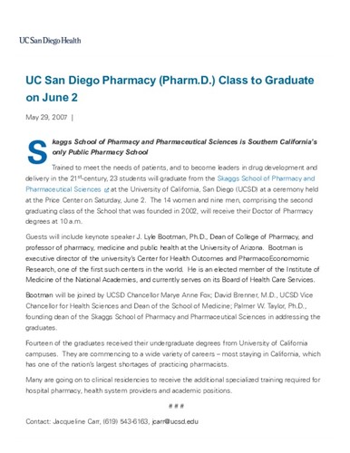 UC San Diego Pharmacy (Pharm.D.) Class to Graduate on June 2