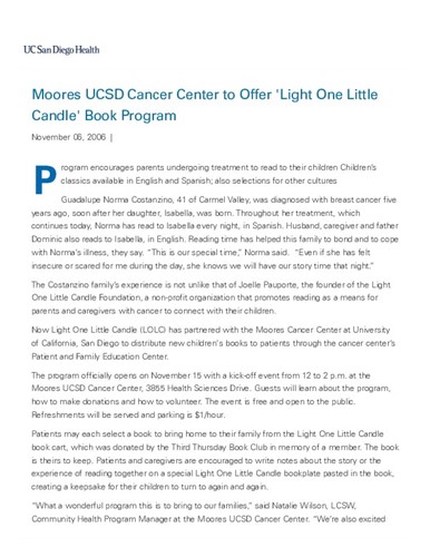 Moores UCSD Cancer Center to Offer 'Light One Little Candle' Book Program