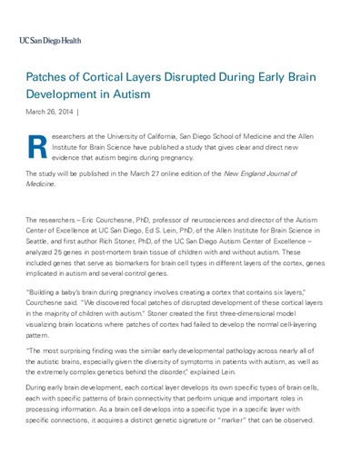 Patches of Cortical Layers Disrupted During Early Brain Development in Autism
