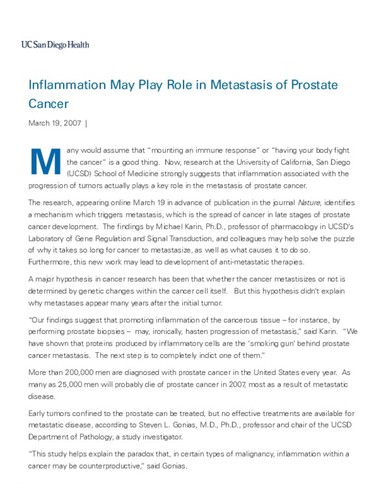 Inflammation May Play Role in Metastasis of Prostate Cancer - News from University of California, San Diego