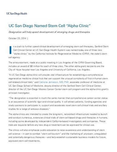 UC San Diego Named Stem Cell "Alpha Clinic"