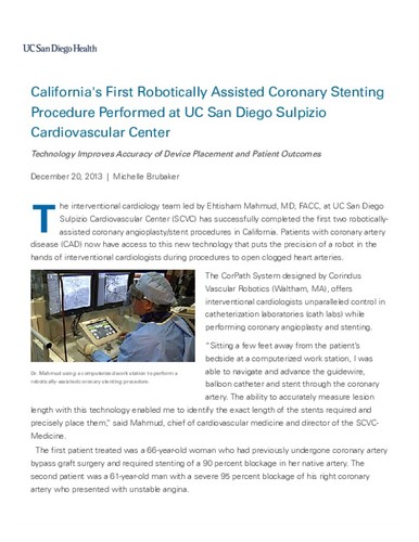 California's First Robotically Assisted Coronary Stenting Procedure Performed at UC San Diego Sulpizio Cardiovascular Center