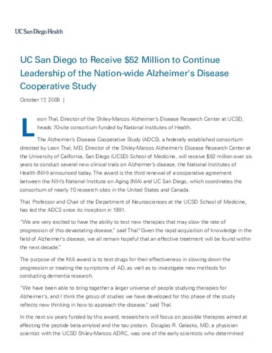 Leon Thal, Director of the Shiley-Marcos Alzheimer’s Disease Research Center at UCSD, heads 70-site consortium funded by National Institutes of Health