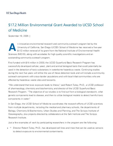 $17.2 Million Environmental Grant Awarded to UCSD School of Medicine