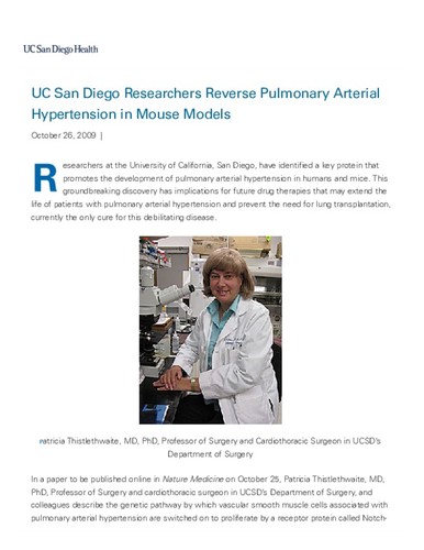 UC San Diego Researchers Reverse Pulmonary Arterial Hypertension in Mouse Models