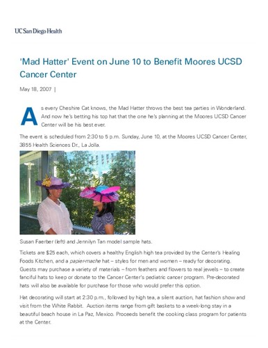 Mad Hatter' Event on June 10 to Benefit Moores UCSD Cancer Center