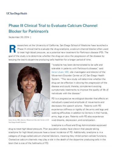 Phase III Clinical Trial to Evaluate Calcium Channel Blocker for Parkinson's