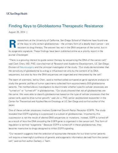 Finding Keys to Glioblastoma Therapeutic Resistance