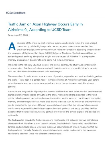 Traffic Jam on Axon Highway Occurs Early In Alzheimer’s, According to UCSD Team