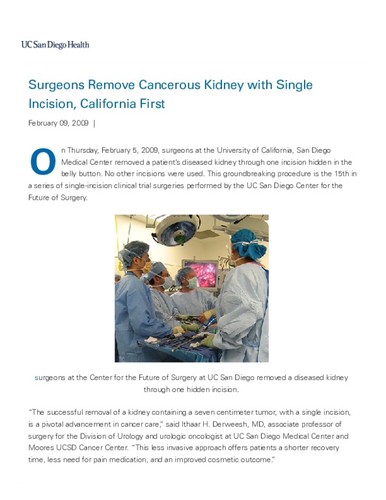 Surgeons Remove Cancerous Kidney with Single Incision, California First