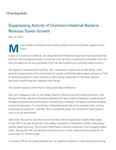 Suppressing Activity of Common Intestinal Bacteria Reduces Tumor Growth