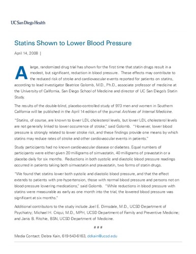 Statins Shown to Lower Blood Pressure