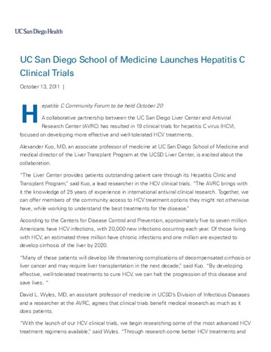 UC San Diego School of Medicine Launches Hepatitis C Clinical Trials