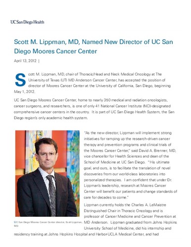 Scott M. Lippman, MD, Named New Director of UC San Diego Moores Cancer Center