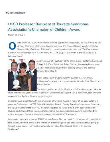UCSD's Neal R. Swerdlow, M.D., Ph.D. Is Recipient of Tourette Syndrome Assoiciation's Champion of Children Award