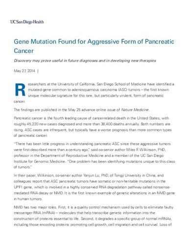 Gene Mutation Found for Aggressive Form of Pancreatic Cancer