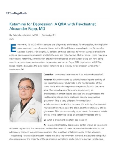 Ketamine for Depression: A Q&A with Psychiatrist Alexander Papp, MD