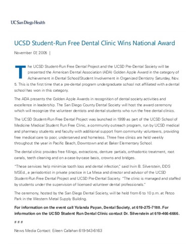 UCSD Student-Run Free Dental Clinic Wins National Award