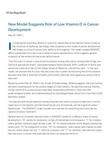 New Model Suggests Role of Low Vitamin D in Cancer Development