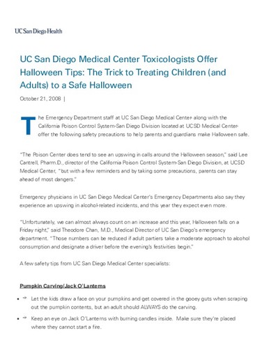UC San Diego Medical Center Toxicologists Offer Halloween Tips