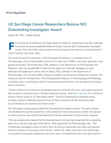 UC San Diego Cancer Researchers Receive NCI Outstanding Investigator Award