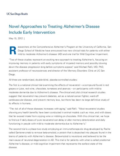 Novel Approaches to Treating Alzheimer's Disease Include Early ...