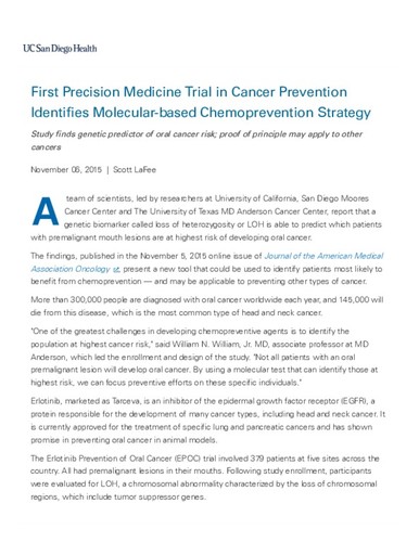 First Precision Medicine Trial in Cancer Prevention Identifies Molecular-based Chemoprevention Strategy