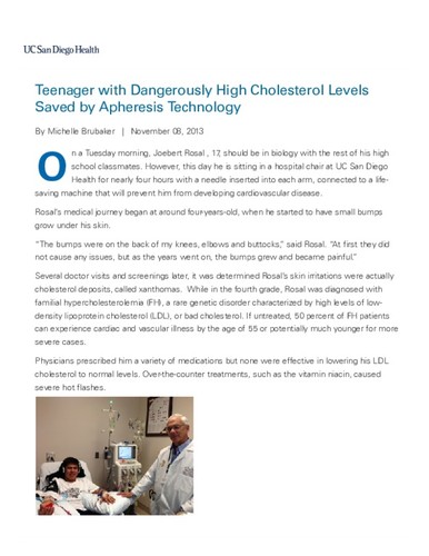 Teenager with Dangerously High Cholesterol Levels Saved by Apheresis Technology