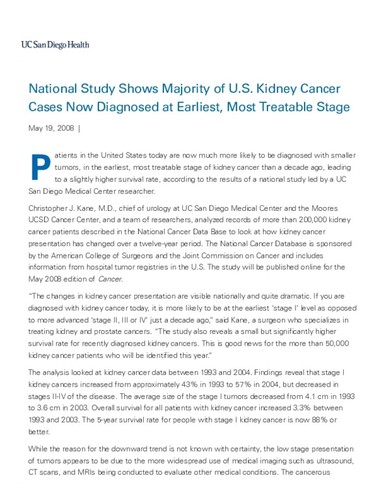 National Study Shows Majority of U.S. Kidney Cancer Cases Now Diagnosed at Earliest