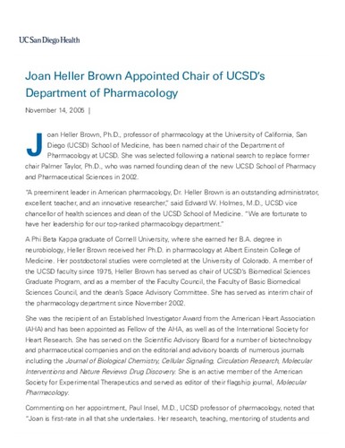 Joan Heller Brown Appointed Chair of UCSD’s Department of Pharmacology
