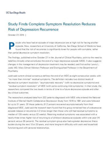 Study Finds Complete Symptom Resolution Reduces Risk of Depression ...