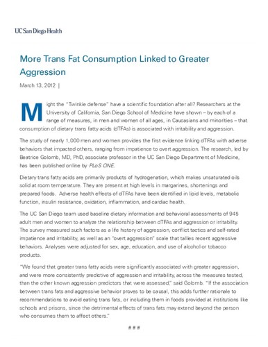 More Trans Fat Consumption Linked to Greater Aggression