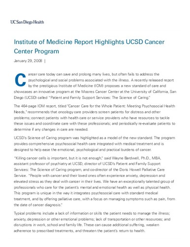 Institute of Medicine Report Highlights UCSD Cancer Center Program