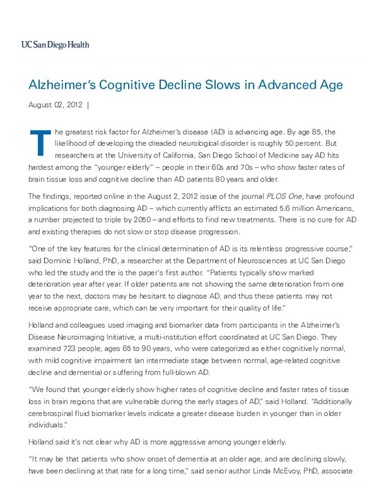 Alzheimer's Cognitive Decline Slows in Advanced Age