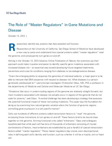 The Role of "Master Regulators" in Gene Mutations and Disease