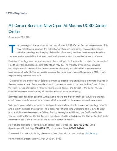 All Cancer Services Now Open At Moores UCSD Cancer Center