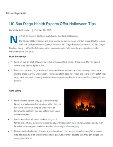 UC San Diego Health Experts Offer Halloween Tips