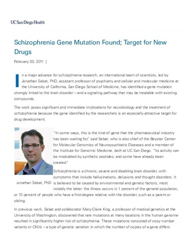 Schizophrenia Gene Mutation Found; Target for New Drugs