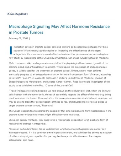 Macrophage Signaling May Affect Hormone Resistance in Prostate Tumors