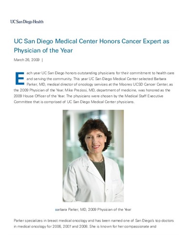 UC San Diego Medical Center Honors Cancer Expert as Physician of the Year