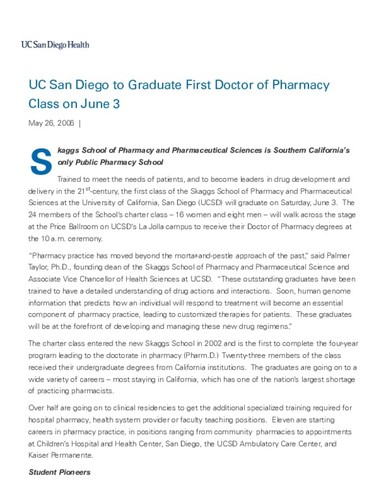 UC San Diego to Graduate First Doctor of Pharmacy Class on June 3