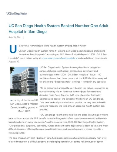 UC San Diego Health System Ranked Number One Adult Hospital in San Diego