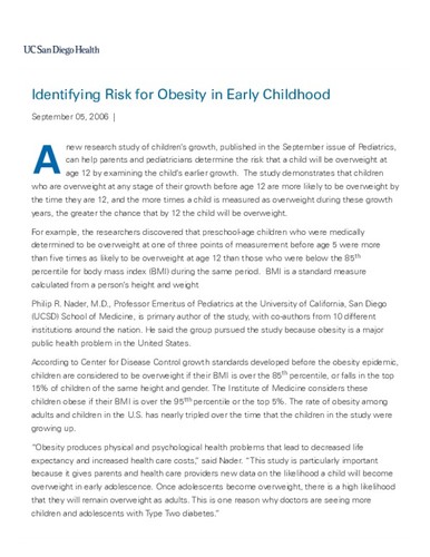 Identifying Risk for Obesity in Early Childhood - News from UCSD