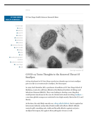 COVID-19 Turns Thoughts to the Renewed Threat Of Smallpox