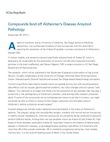 Compounds fend off Alzheimer’s Disease Amyloid Pathology