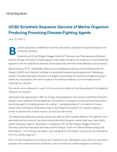 UCSD Scientists Sequence Genome of Marine Organism Producing Promising Disease-Fighting Agents
