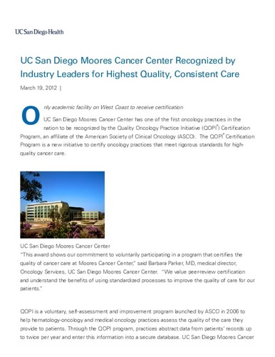 UC San Diego Moores Cancer Center Recognized by Industry Leaders for Highest Quality, Consistent Care