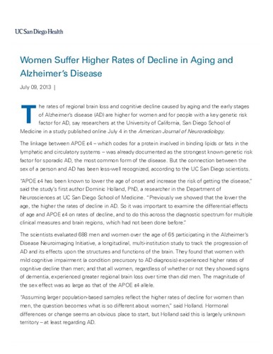 Women Suffer Higher Rates of Decline in Aging and Alzheimer's Disease