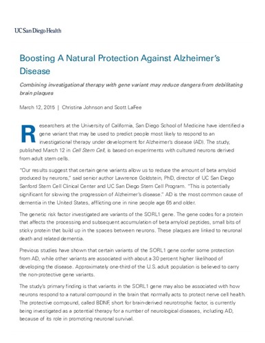 Boosting A Natural Protection Against Alzheimer's Disease