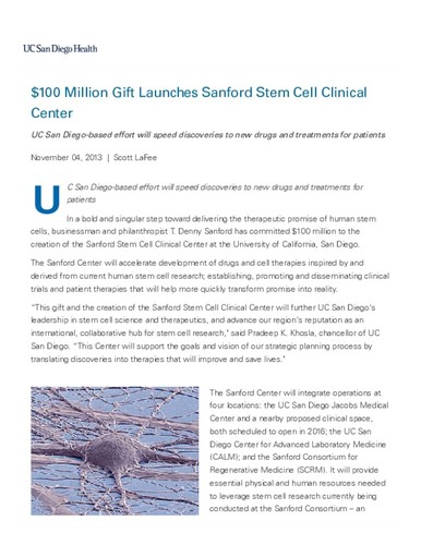 $100 Million Gift Launches Sanford Stem Cell Clinical Center